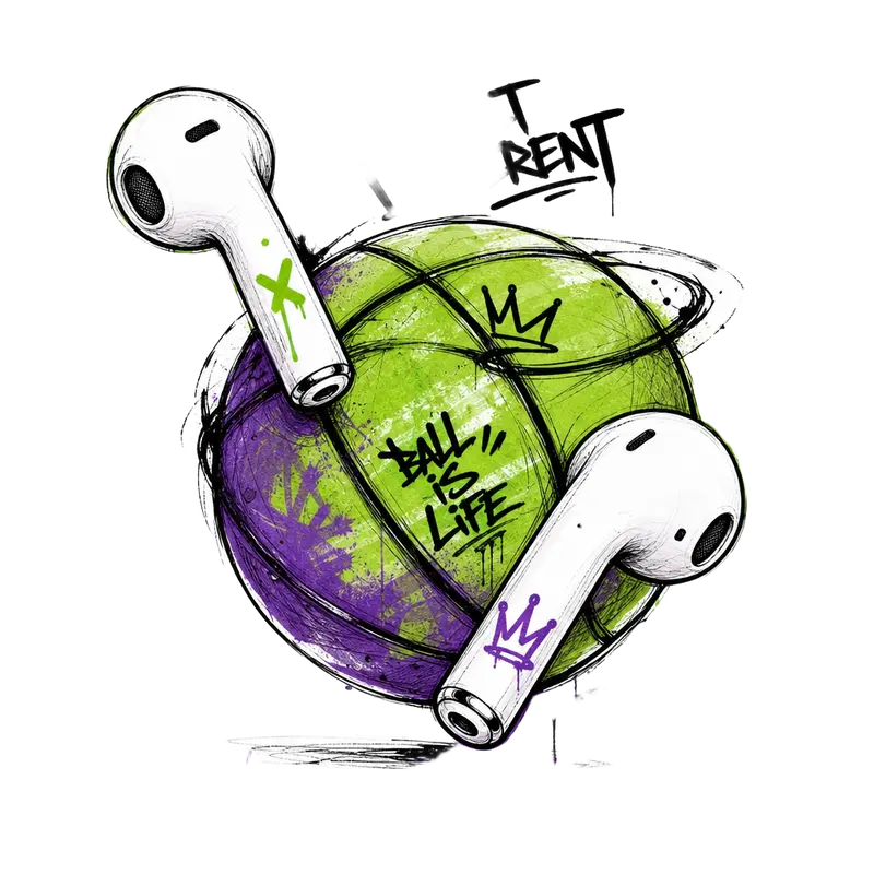 Wireless earbuds tangled with a basketball, graffiti sketch