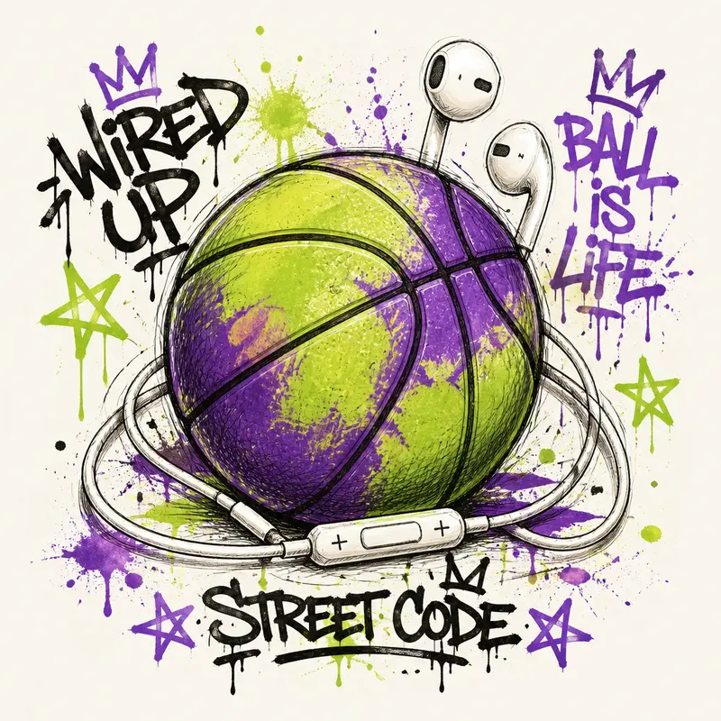 Wired earbuds with inline remote around a basketball, graffiti sketch