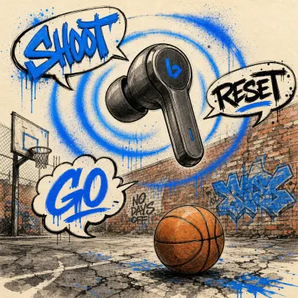 Hands-free earbud-tap scoring: player taps earbud media button during a shootaround
